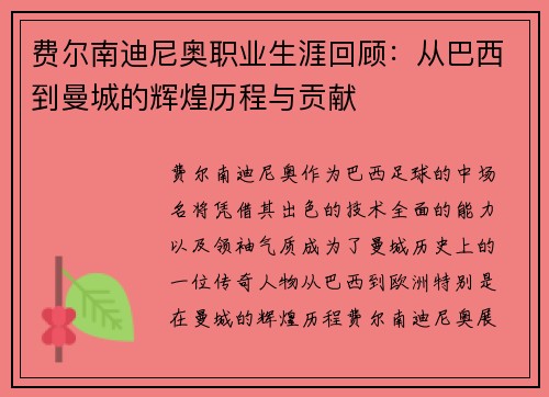 费尔南迪尼奥职业生涯回顾：从巴西到曼城的辉煌历程与贡献
