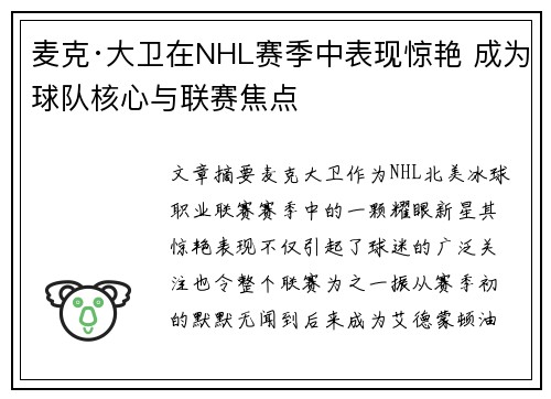 麦克·大卫在NHL赛季中表现惊艳 成为球队核心与联赛焦点